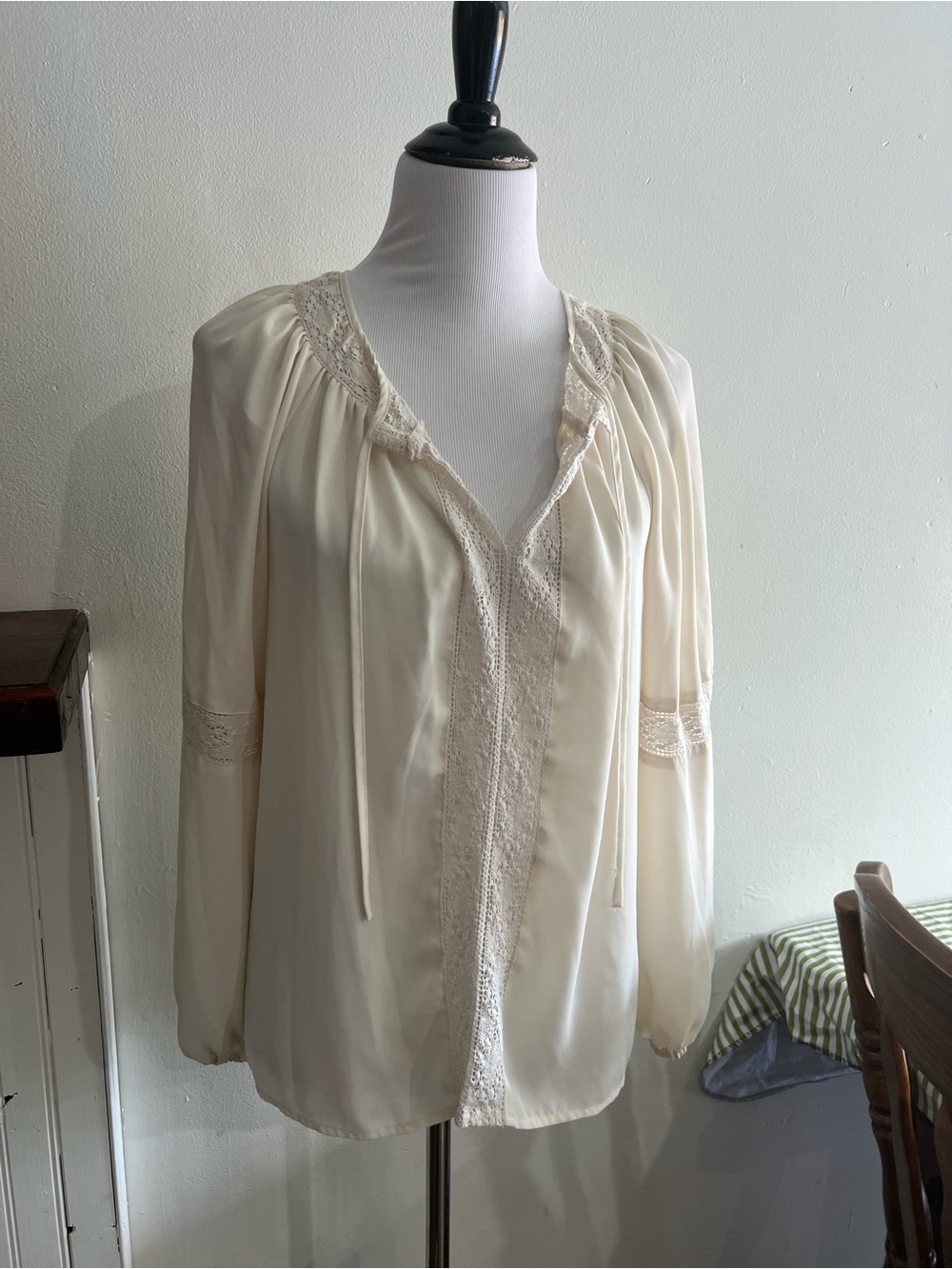Chaps Cream Lace-Trim Boho Blouse